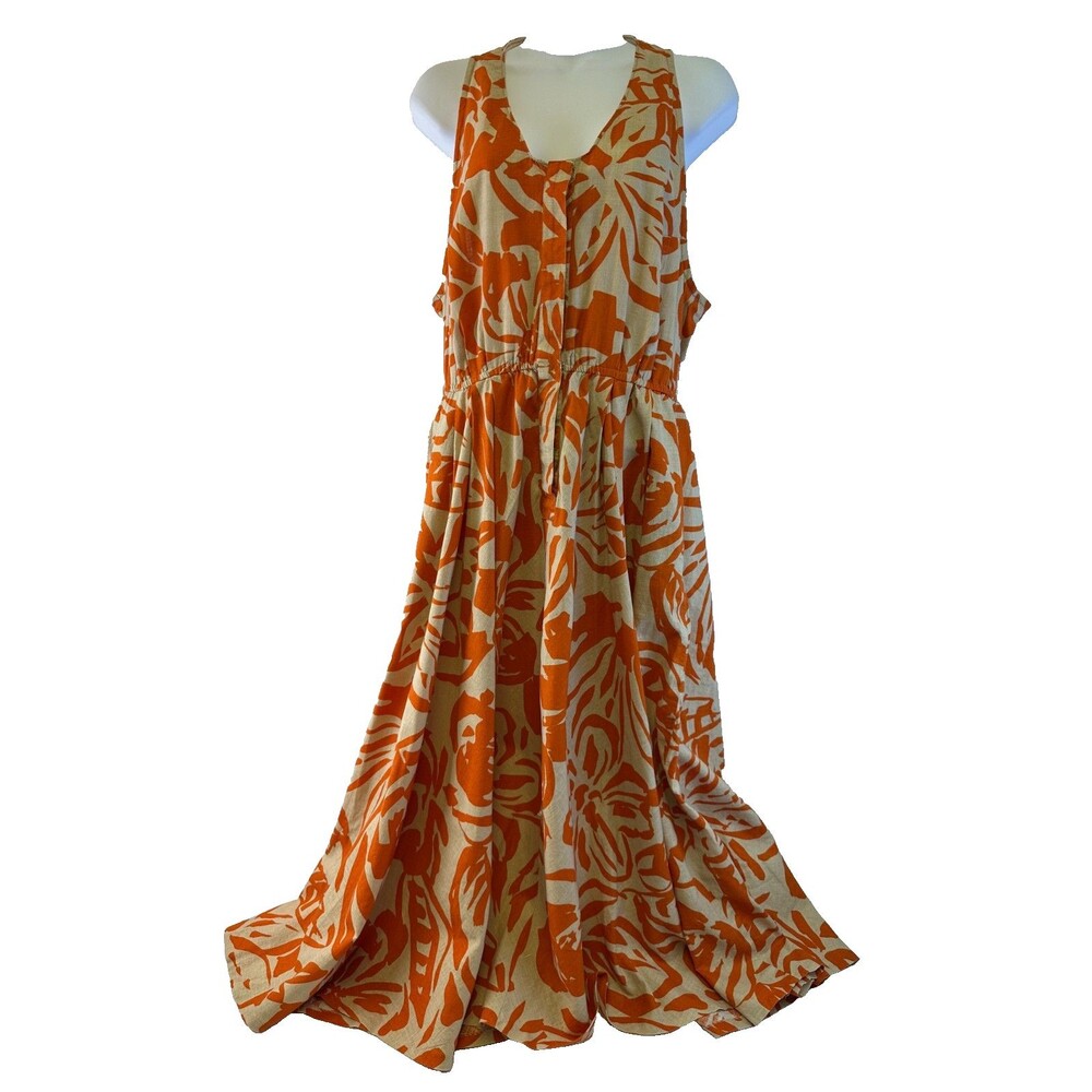Liz Claiborne Vintage Maxi Dress Cotton Linen Orange Floral Sleeveless Button 12